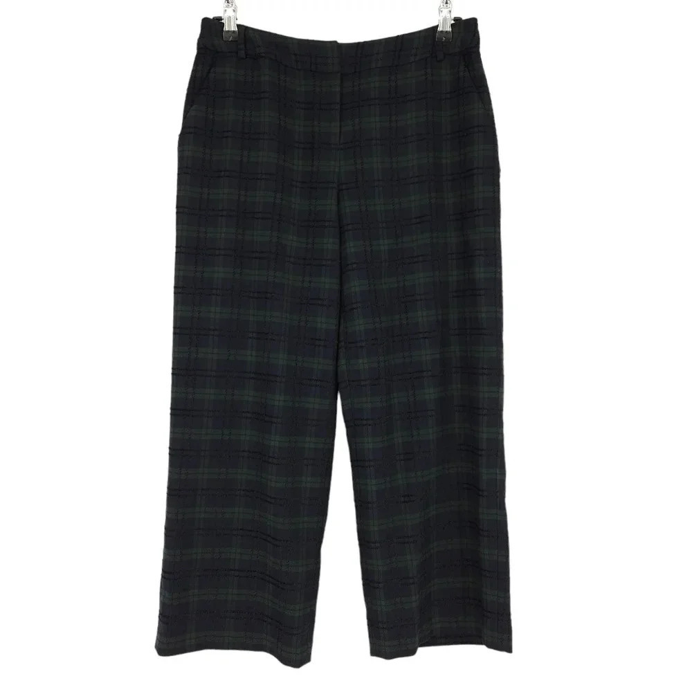 Crown & Ivy Cropped Wide Leg Dress Pants Green Tartan Plaid Mid Rise Palazzo